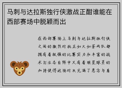 马刺与达拉斯独行侠激战正酣谁能在西部赛场中脱颖而出